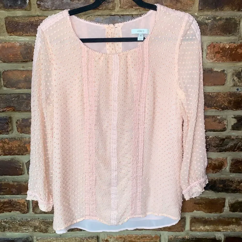 J. Crew Pink Silk Blend Swiss Dot Long Sleeve Button-Back Blouse Women's Size 6